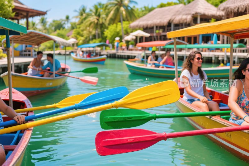 人们在河上划彩色小船游玩