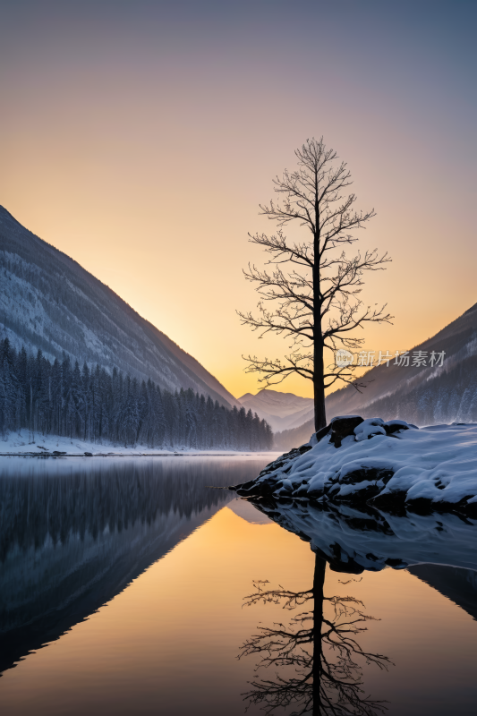 湖中央的树一座高山清风景图片