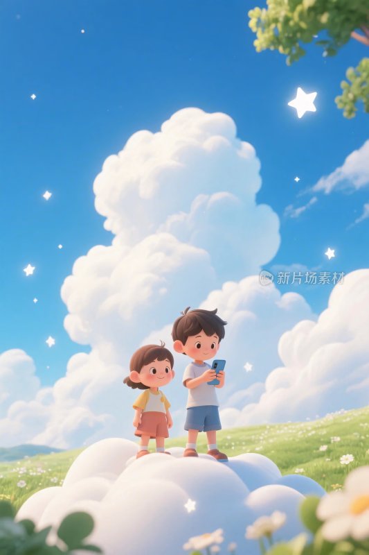 卡通小孩云朵蓝天插画