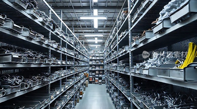 零件仓库整齐排列的货架与工业照明