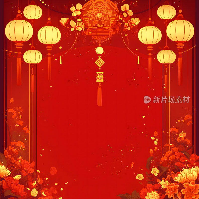 中国风春节喜庆红色灯笼新年祝福背景插画