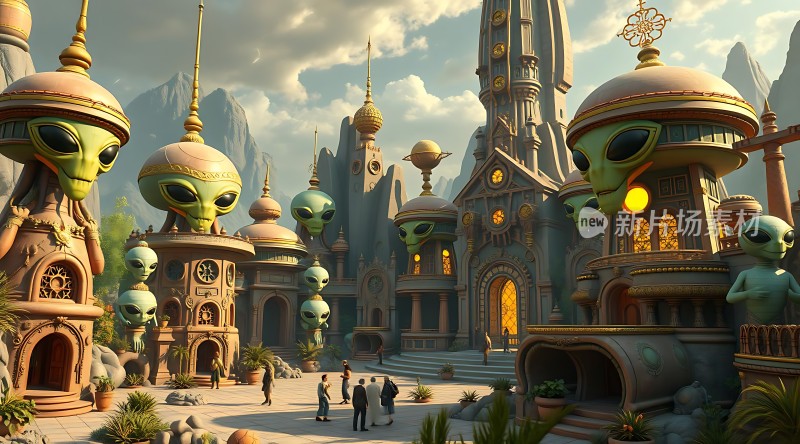 外星城市奇观绿色外星人聚集地