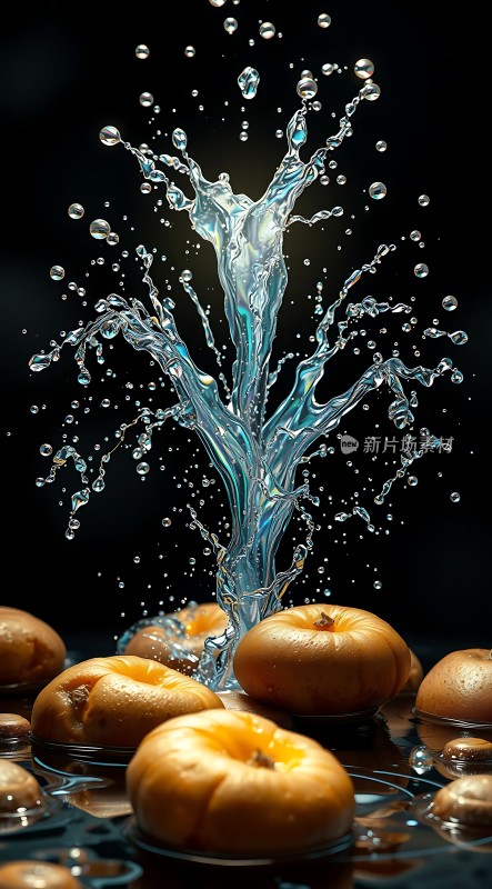 水花四溅金黄果实映衬下的生动瞬间