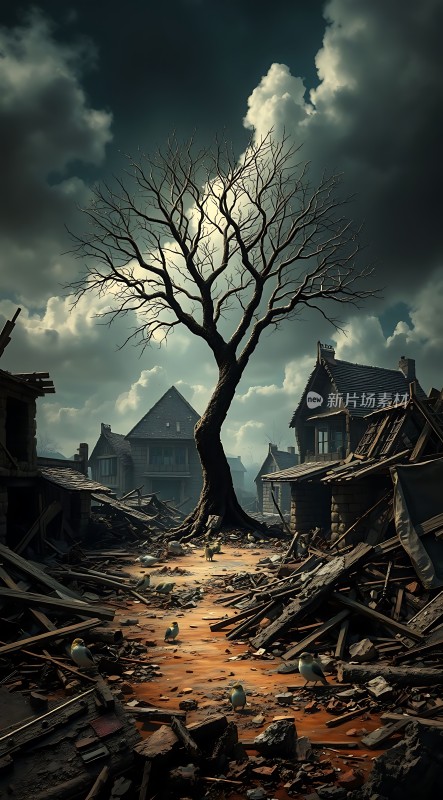 废墟中孤独挺立的大树