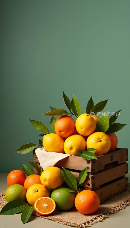 新鲜橙子绿叶点缀木箱装满诱人可口