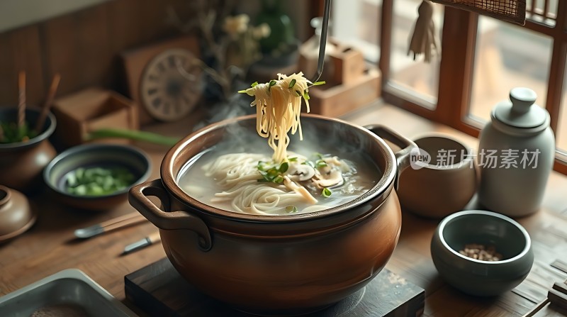 热气腾腾的汤面诱人的美味佳肴