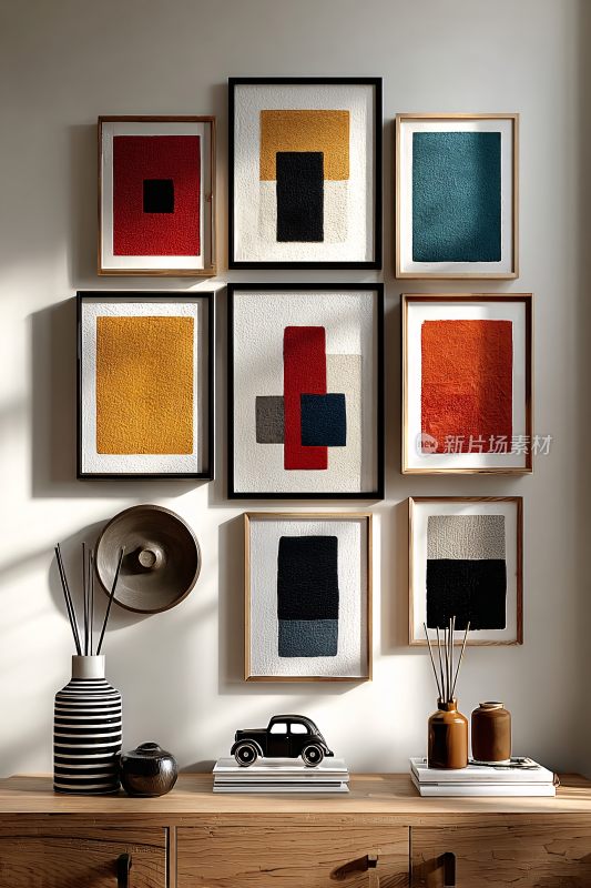 墙上装饰画与桌柜摆件布置