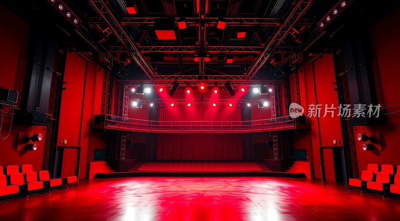 红色舞台灯光下的空旷剧场