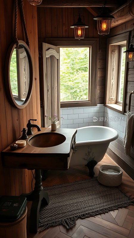 木制浴室复古风格自然光线充足