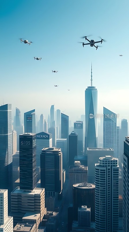 无人机编队飞越未来城市天际线