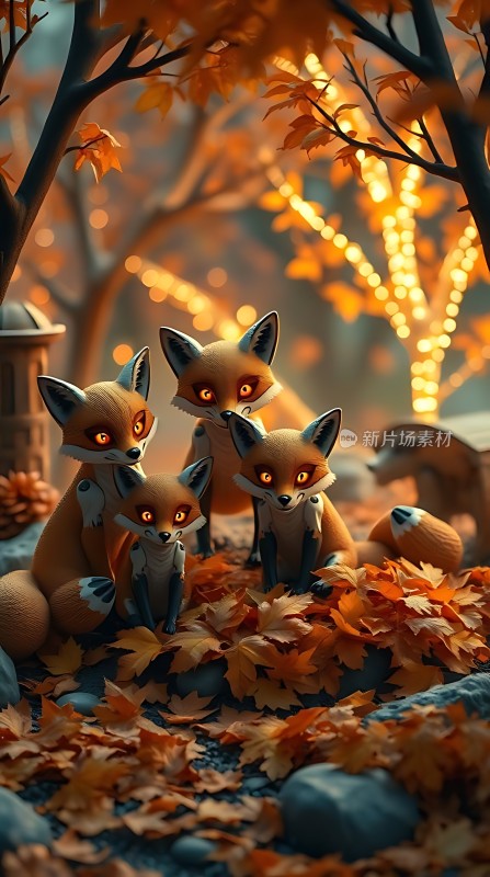 秋日暖光下的狐狸一家