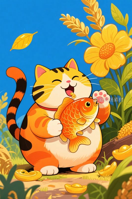 卡通猫咪抱鱼插画