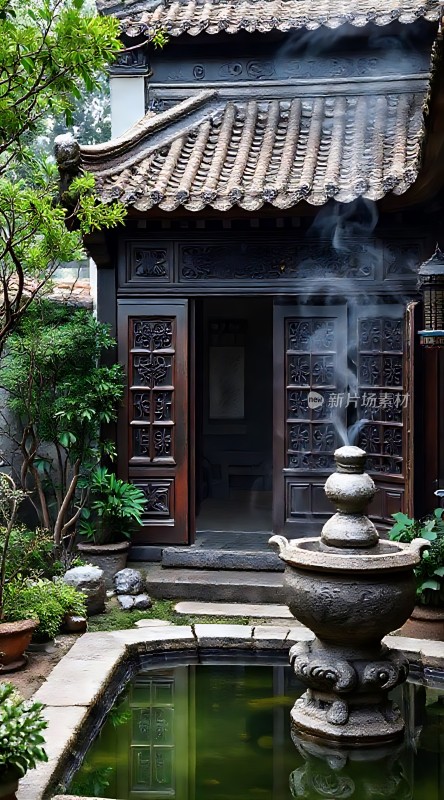 古香古色庭院景致石雕香炉与木门