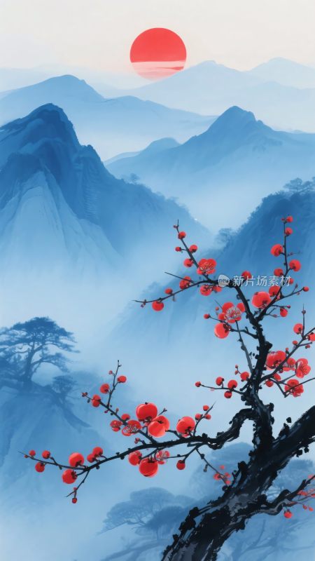 红梅映日山水风景图
