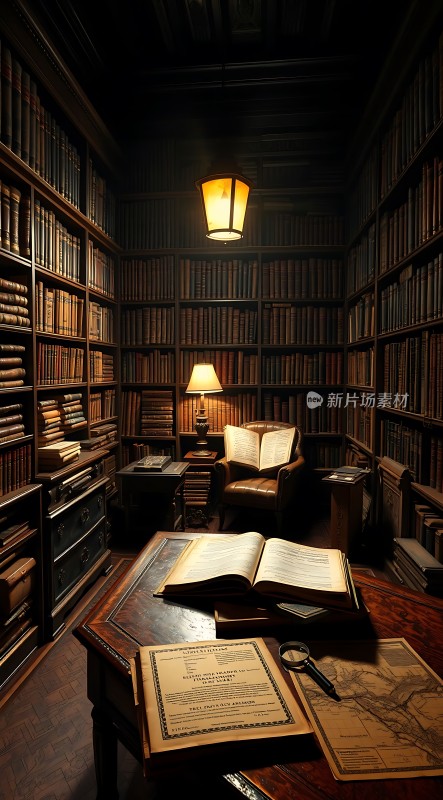古色古香书房书架、桌椅与灯光营造温馨氛围