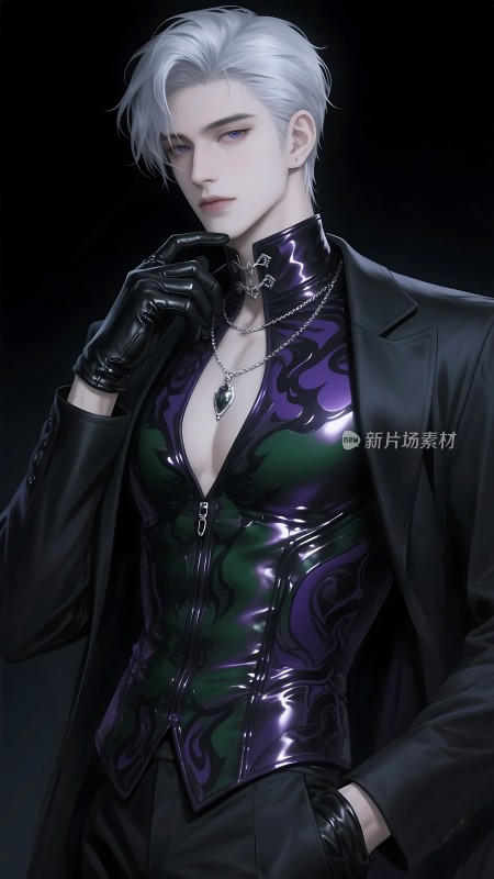 银发男子黑西装配紫色皮衣