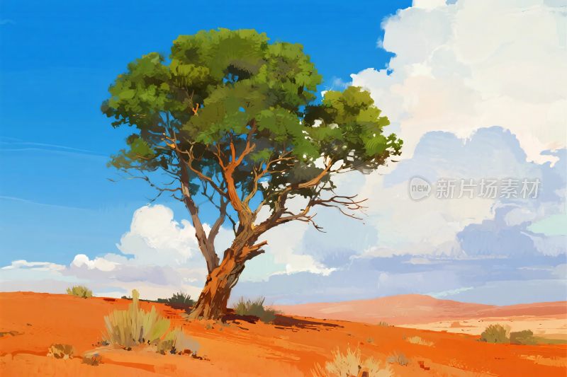 沙漠孤树风景插画