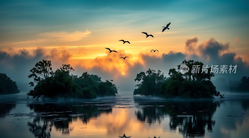 晨曦湖畔鸟语花香