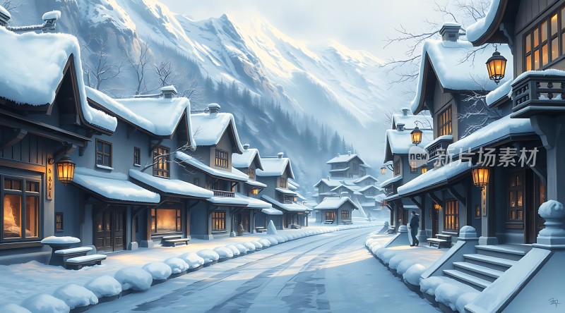 雪夜小镇温馨宁静
