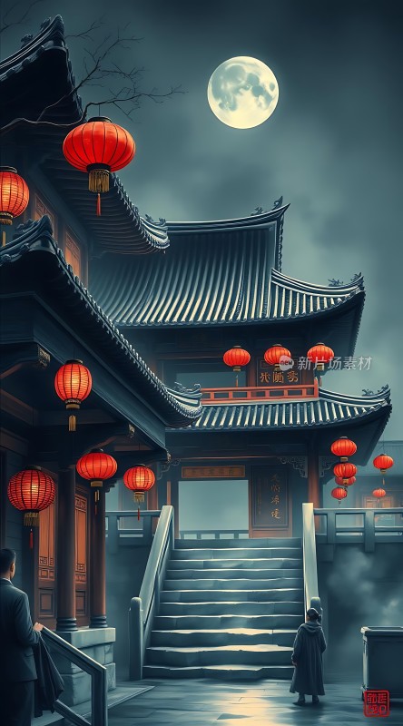 古寺夜月灯笼照