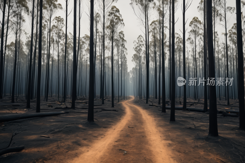 在树木被烧毁的森林中走上土路风光风景图片