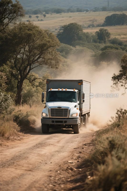 行驶在土路上的货运卡车