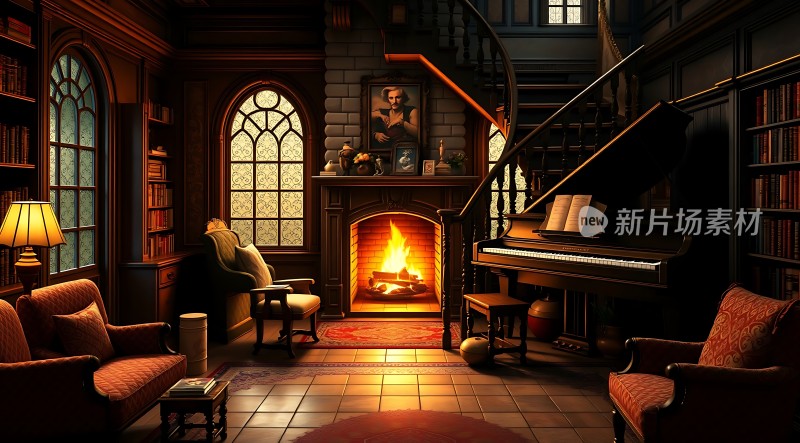 温暖的书房壁炉旁的钢琴与书架