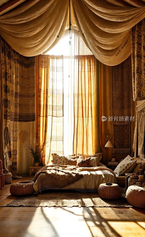 阳光洒满温馨卧室舒适床铺与精美窗帘相映成趣