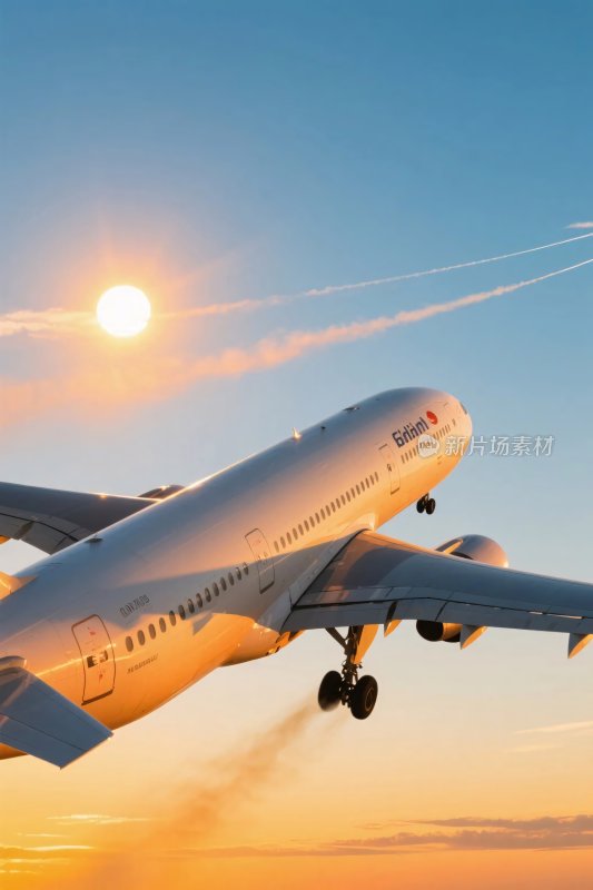 飞机在夕阳下起飞
