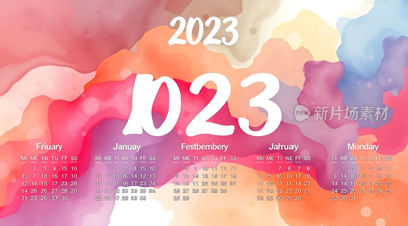 2023年日历色彩斑斓的水彩背景