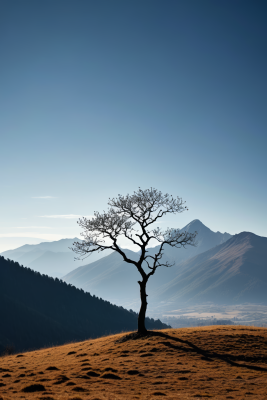 山上一棵孤树一座高山清风景图片