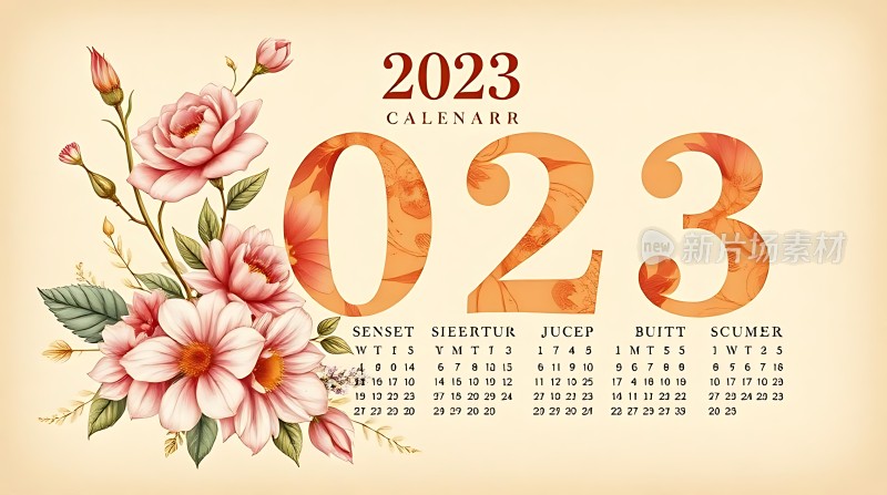 2023年日历花卉图案装饰月份清晰标注