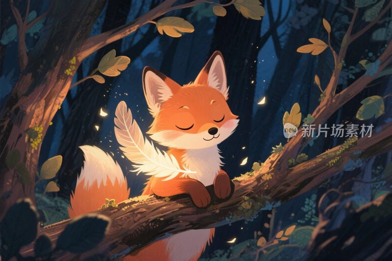 夜晚森林狐狸插画