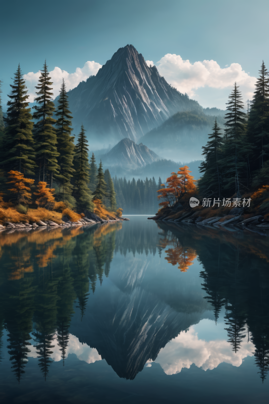 山倒映在湖中湖中树木高山清风景插图片