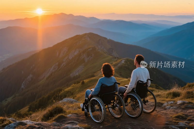 坐轮椅者共赏山间日落美景