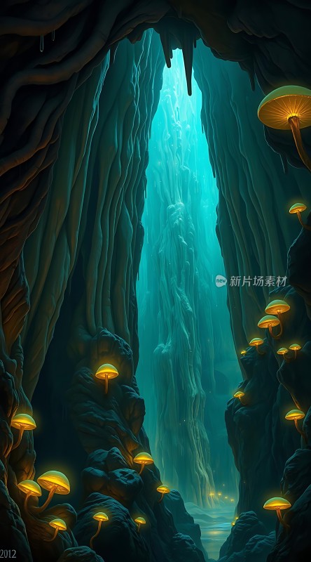 神秘洞穴中的荧光蘑菇世界