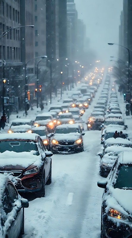 雪夜城市街道车流如织灯光闪烁