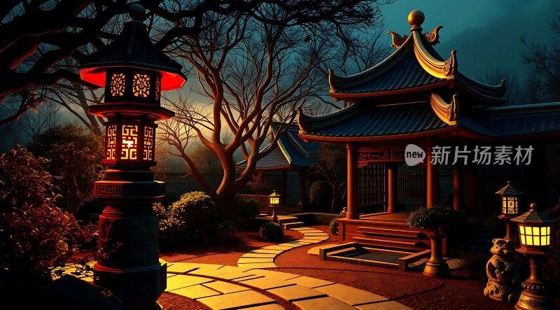 古风庭院夜色灯笼小径