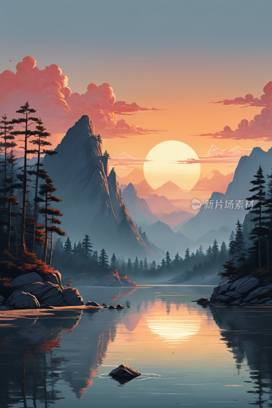 一山一树的美丽夕阳高清插画图片