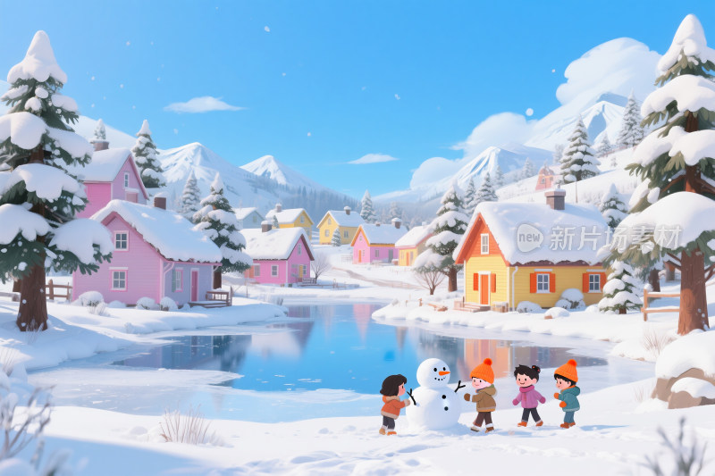 冬季童话般的雪景和孩子们堆雪人