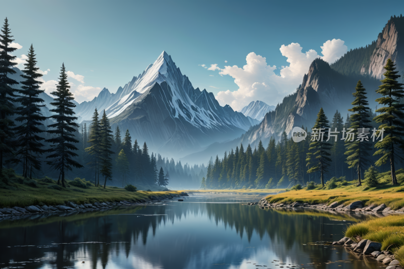 山和树倒映在中的湖中高清风景插画图片