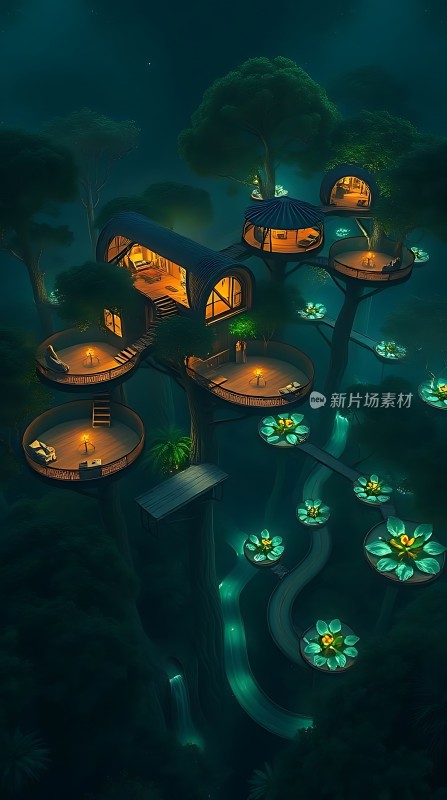树屋秘境夜色下的梦幻家园