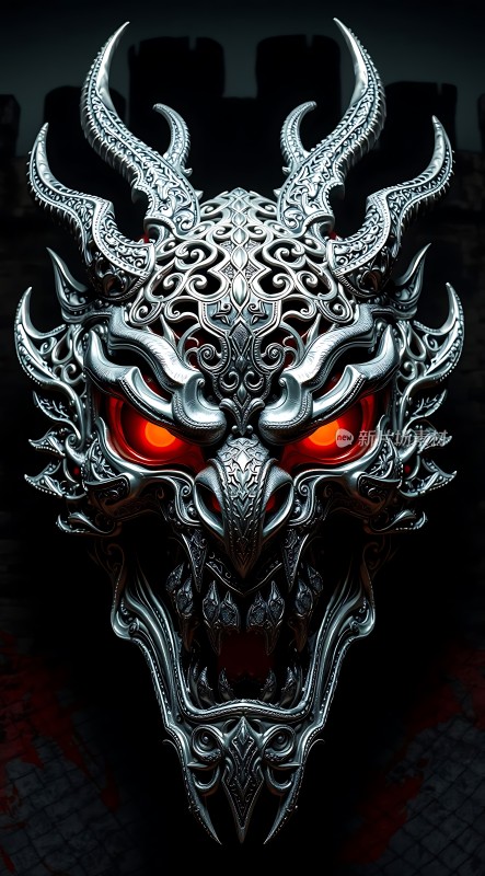 银色恶魔面具红色眼睛尖锐角复杂纹路