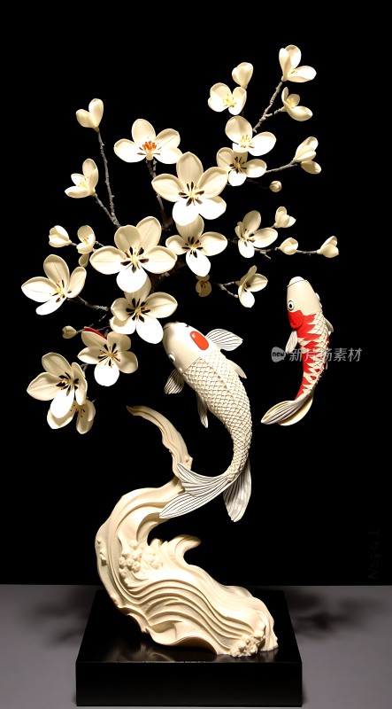 白瓷樱花鲤鱼摆件