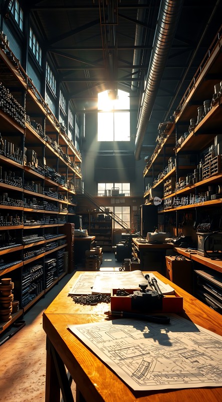 阳光下的机械零件仓库