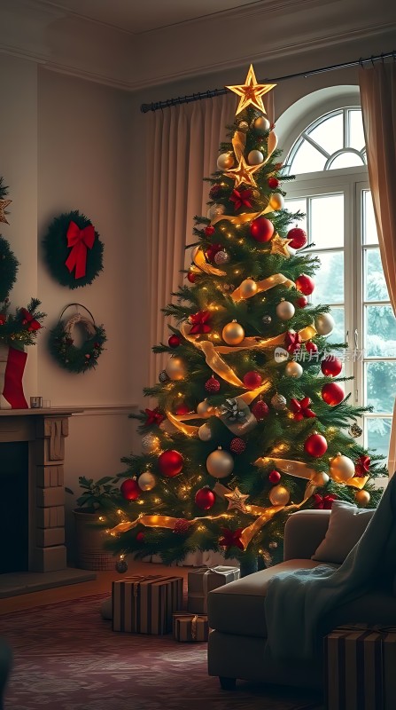 温馨圣诞树下的节日之家