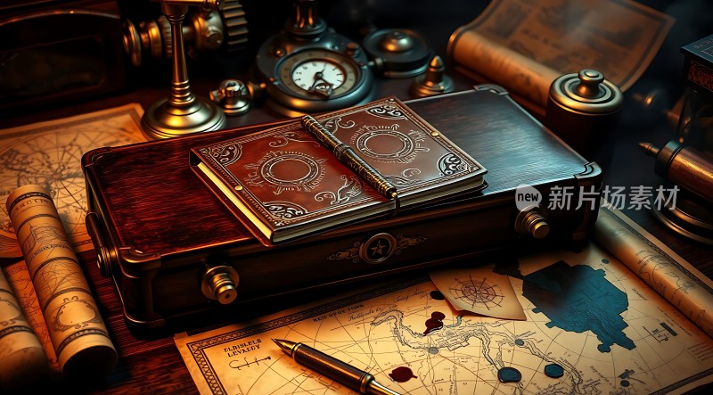 探险家的工作台古老地图与神秘书籍