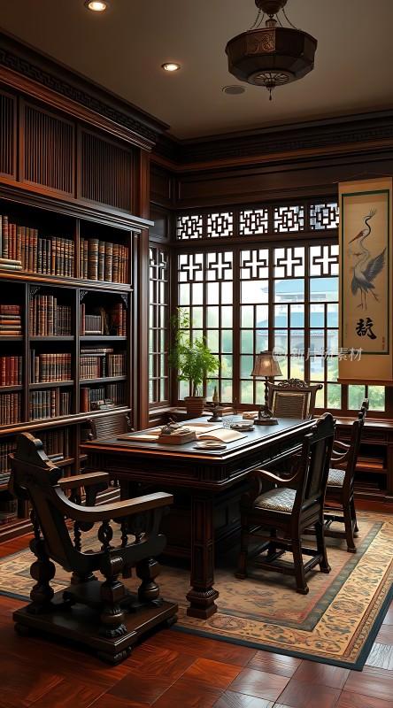 古色古香书房木制家具与书架窗外绿意盎然
