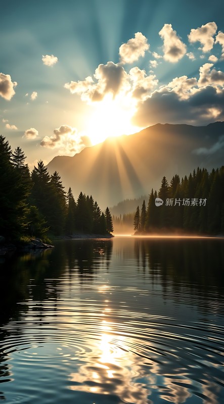 湖畔晨曦映山川