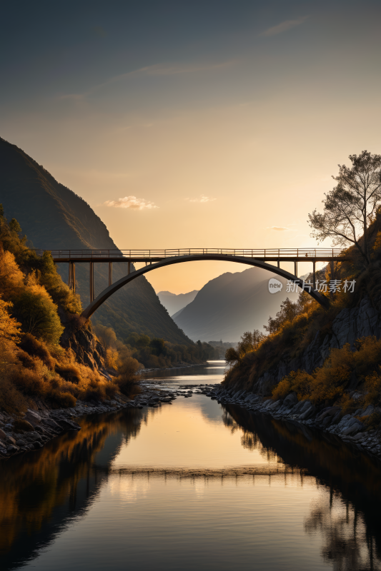 桥横跨河流一座高山清风景图片